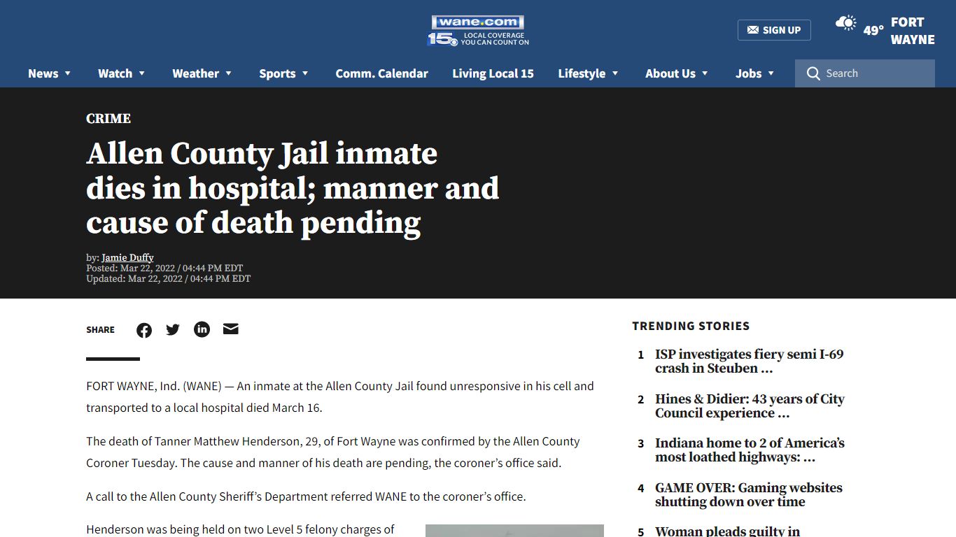 Allen County Jail inmate dies in hospital; manner and cause of death ...